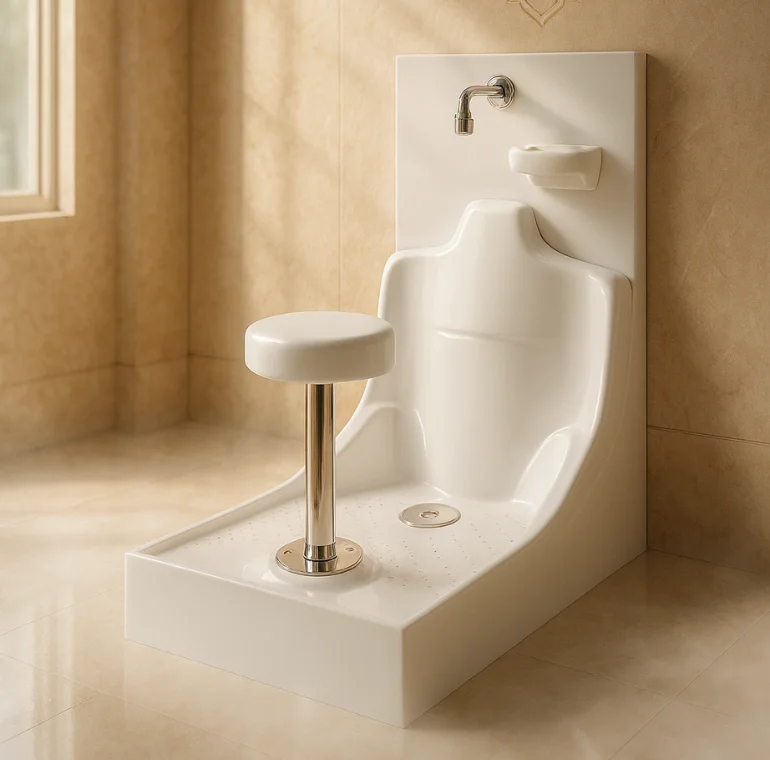 Modern Seated Wudu Foot Basin with an Integrated Stool